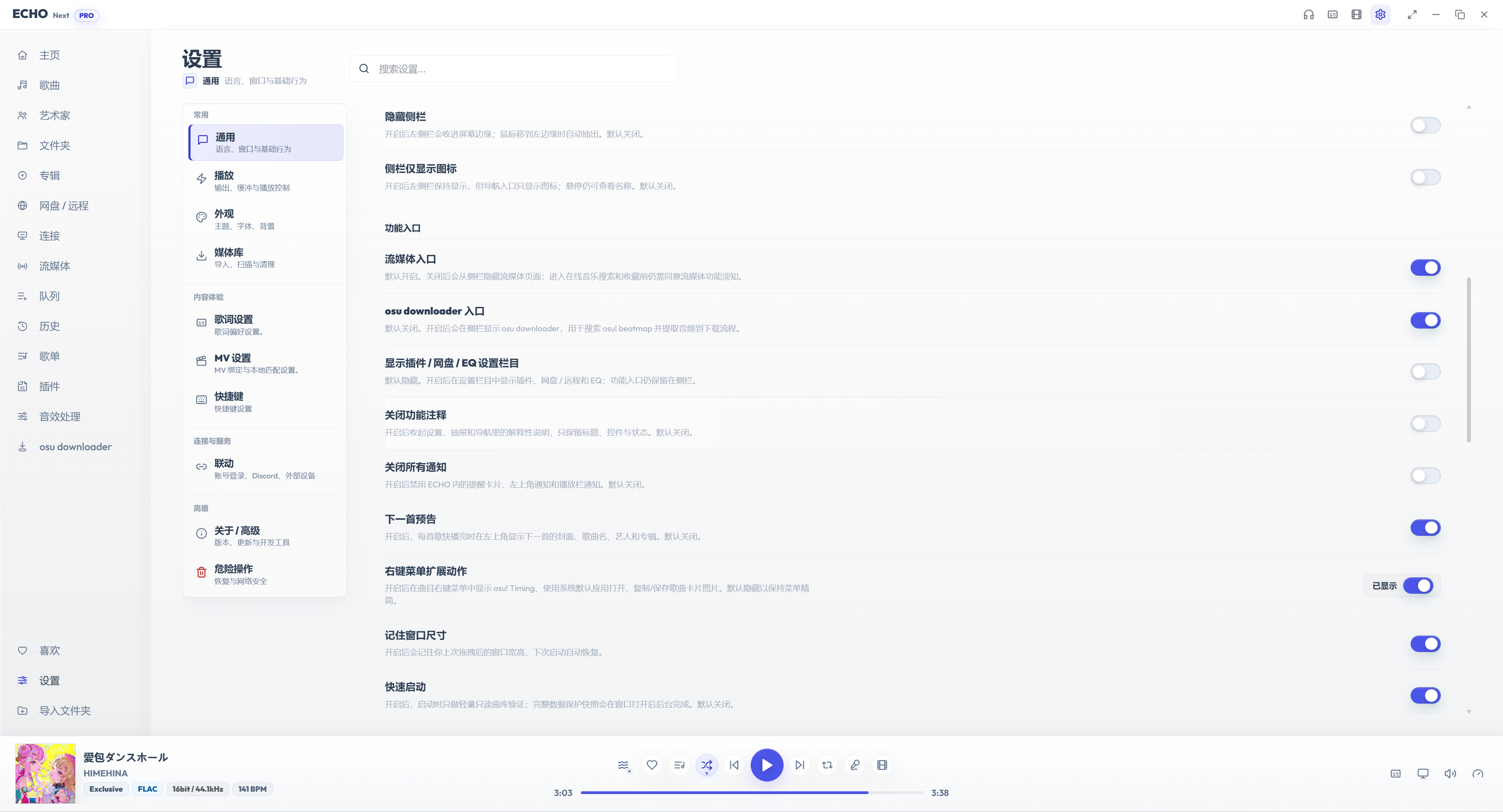 ECHO 设置通用页：侧栏、功能入口与基础提示
